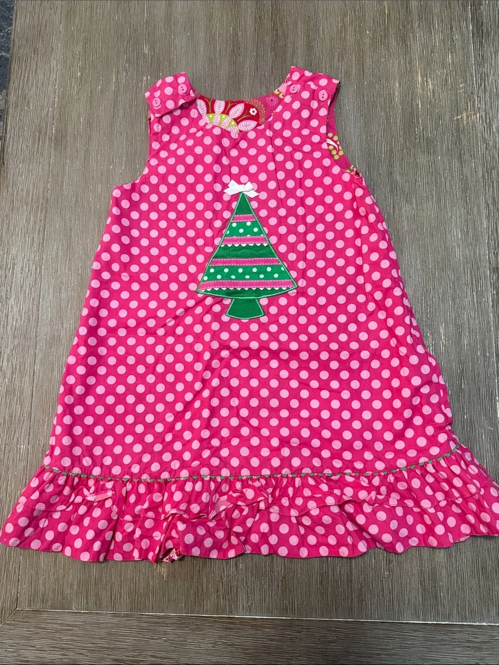 Girls Reversible Pink Polka Dot Dress with Green Tree Applique